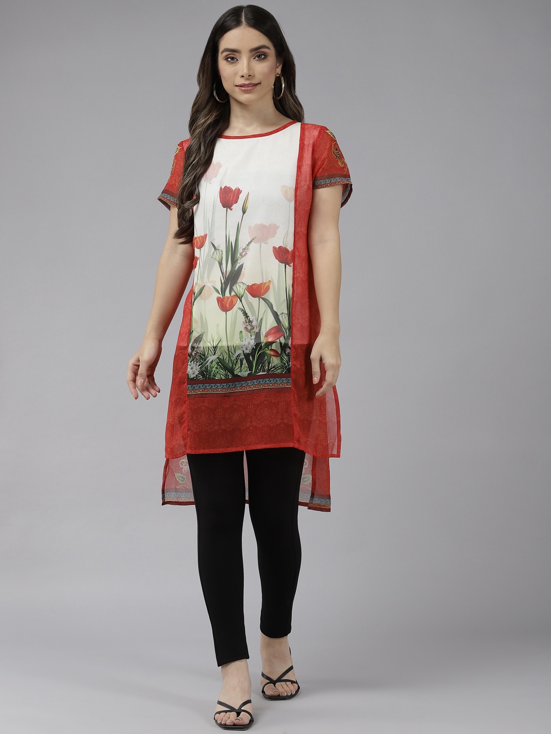 

Aarika Red & White Floral Print Longline Top