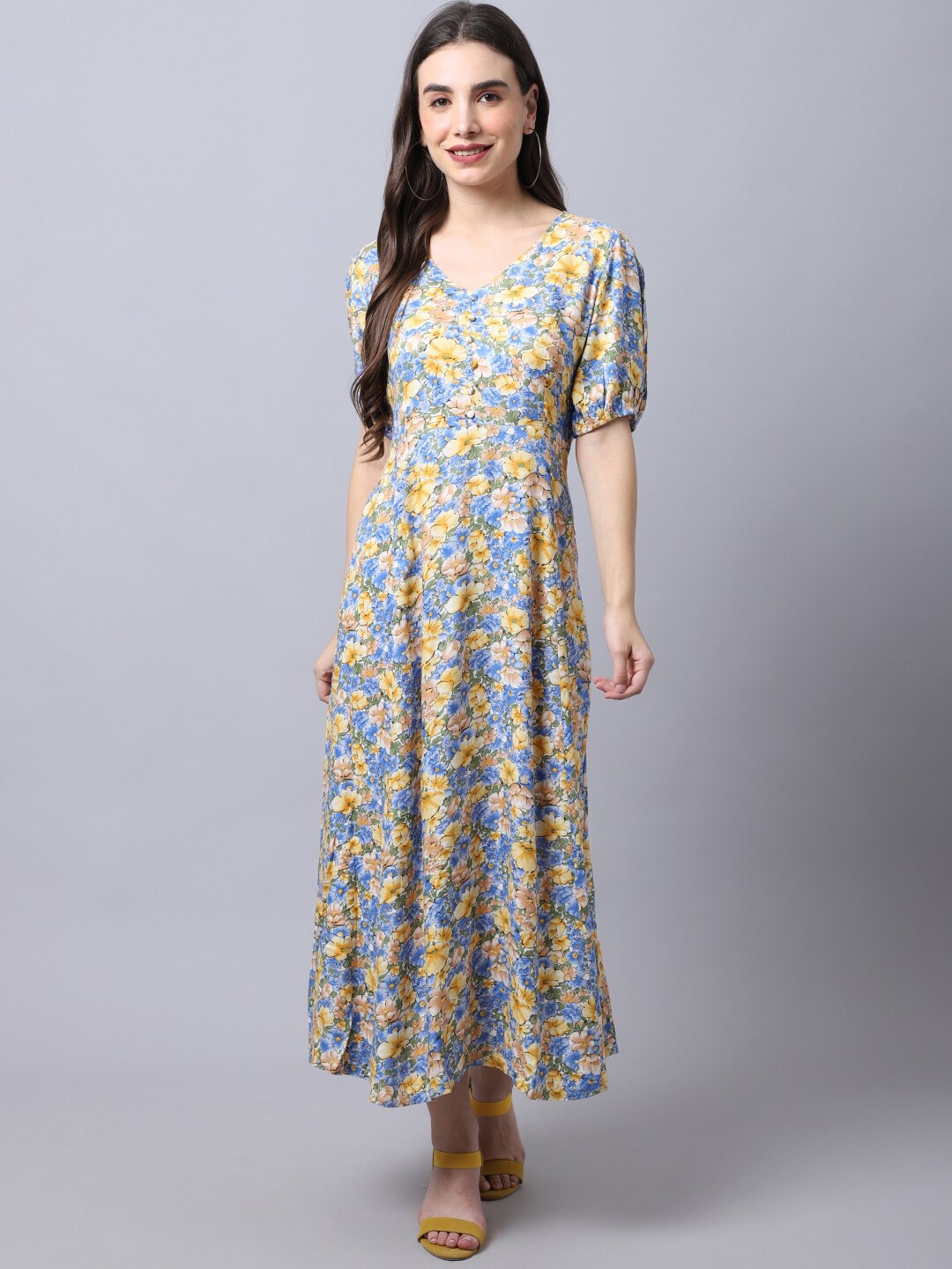 

Cantabil Yellow & Blue Floral Maxi Dress
