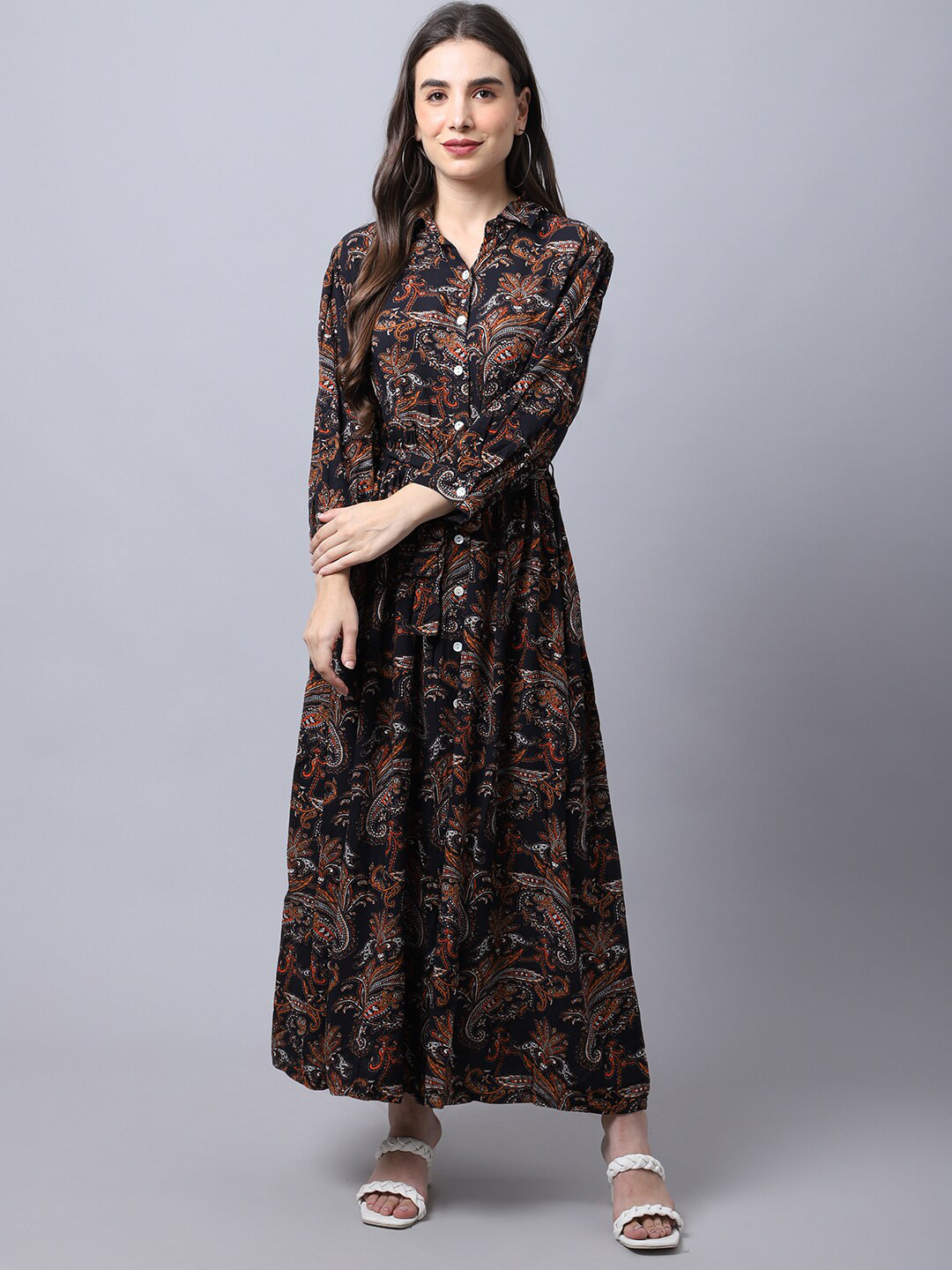 

Cantabil Black & Orange Floral Maxi Dress