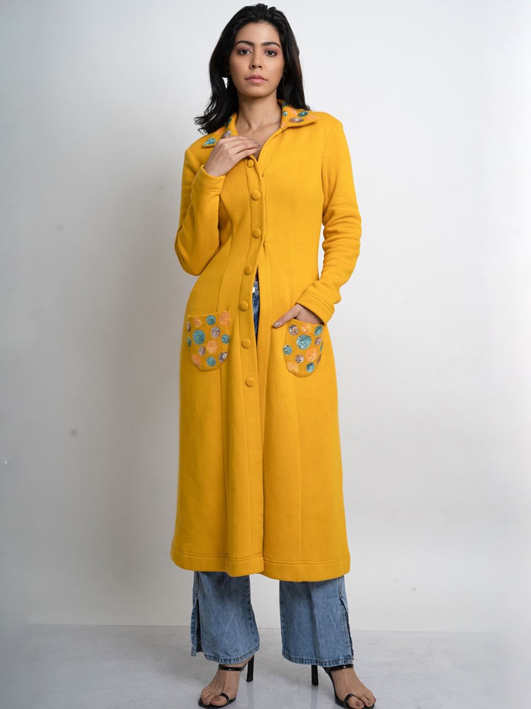 

Hencemade Women Mustard Solid Longline Trench Coat with Embroidered
