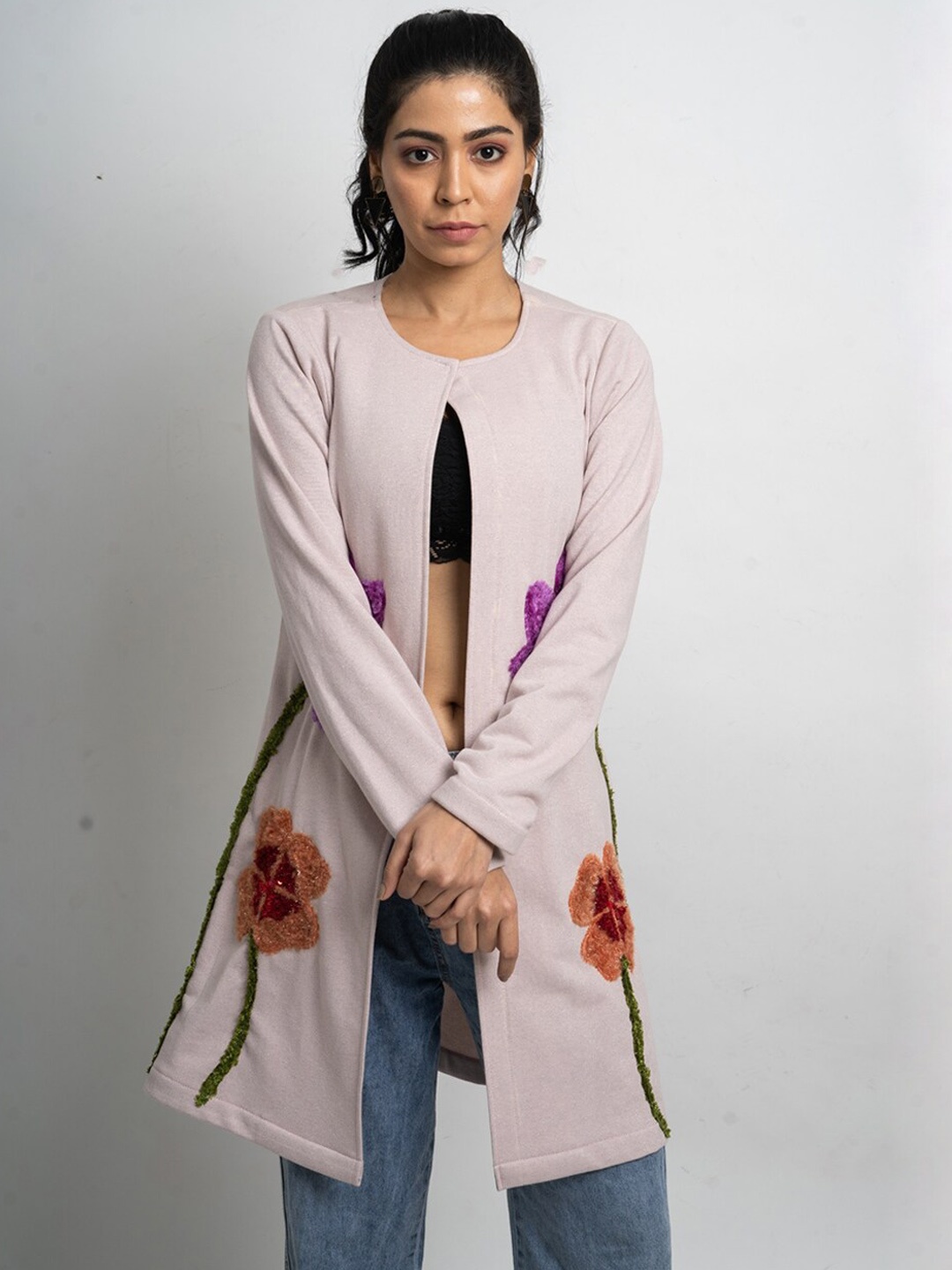 

Hencemade Women Pink Purple Floral Longline Open Front Jacket with Embroidery