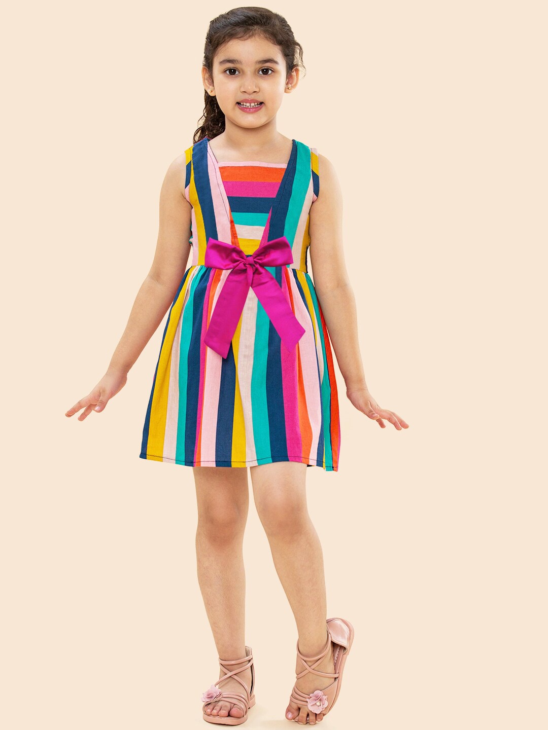 

A T U N Girls Blue & Pink Striped Fit and Flare Dress