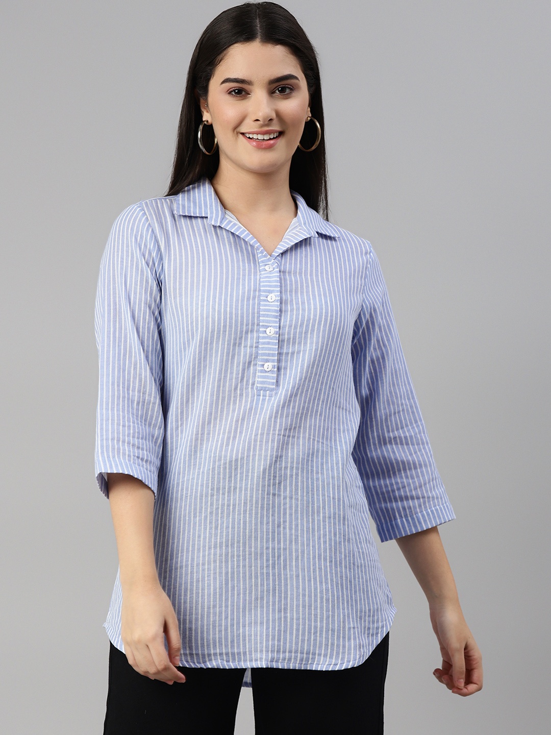 

Ayaany Blue & White Striped Shirt Style Top