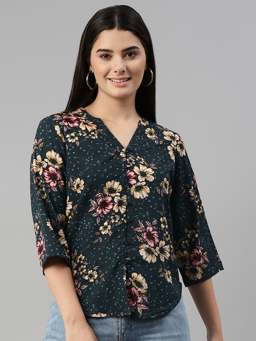 

Ayaany Navy Blue & Pink Floral Print Mandarin Collar Crepe Shirt Style Top