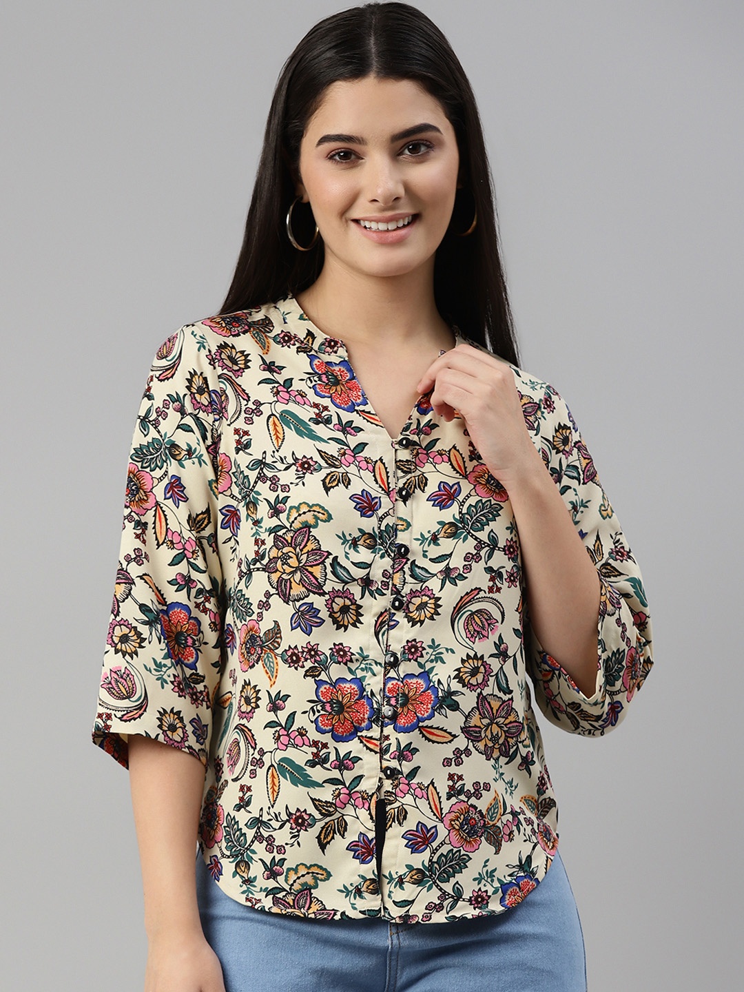 

Ayaany Beige & Black Floral Print Crepe Shirt Style Top