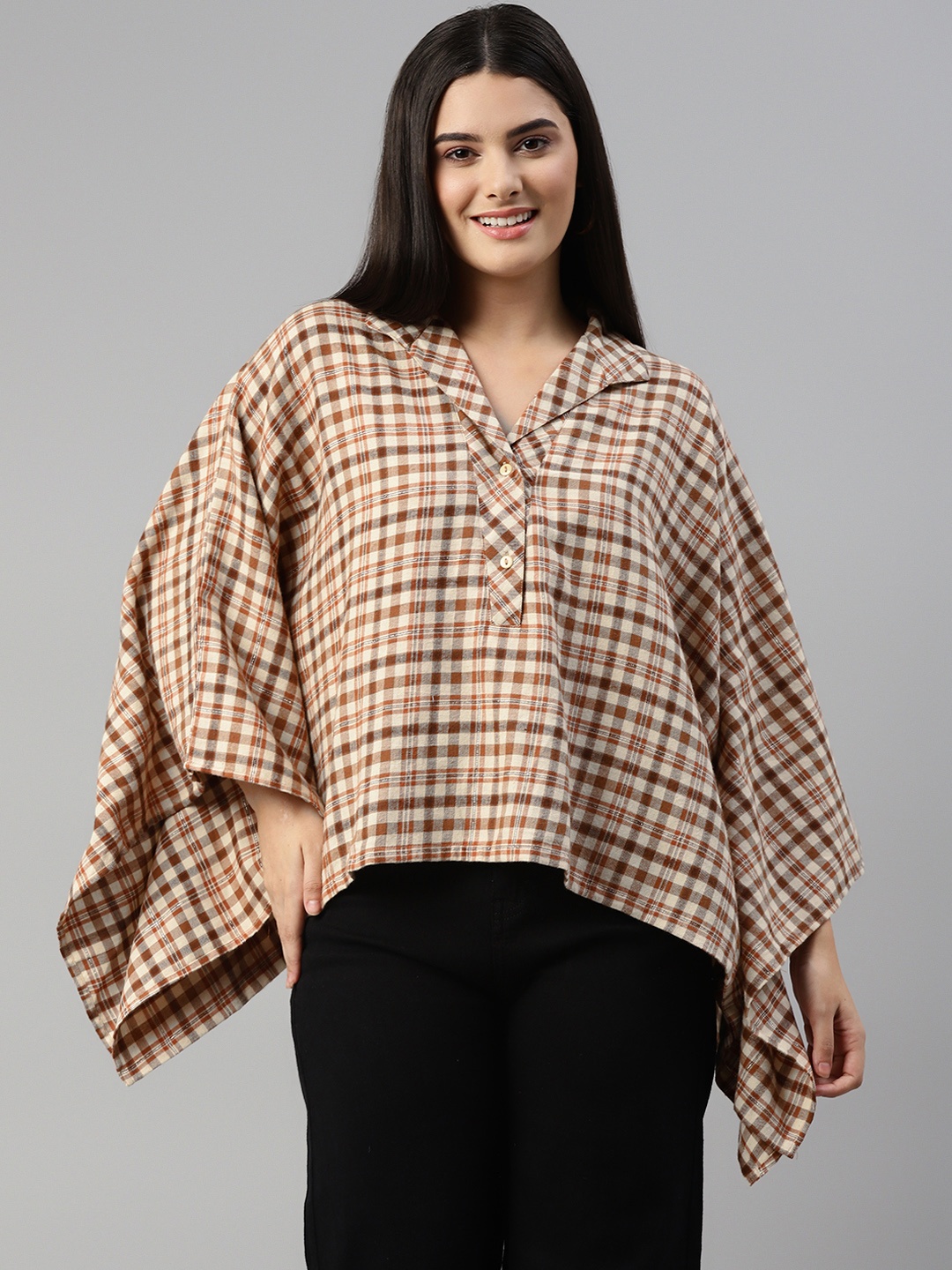 

Ayaany Beige & Brown Checked Extended Sleeves Kaftan Top