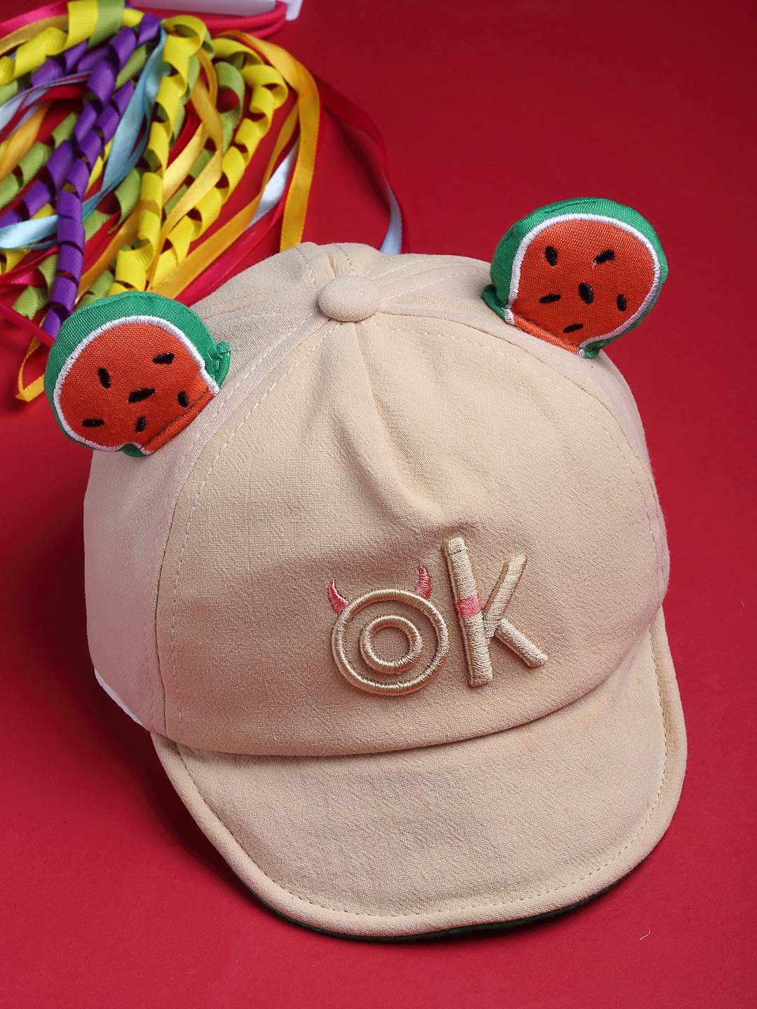

Babymoon Unisex Kids Beige & Red Embroidered Snapback Cap