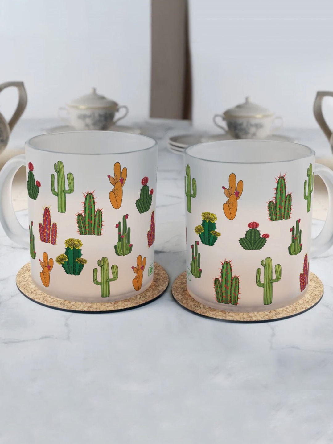 

Indigifts Set of 2 Cactus Print Frosted Coffee & Tea Mugs 325 ML, White