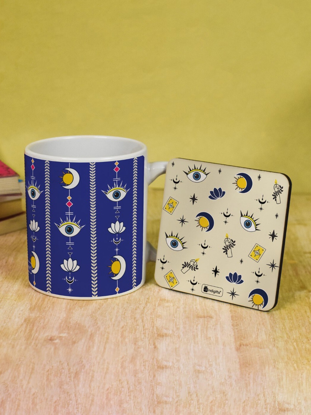 

Indigifts Evil Eye Printed Glossy Ceramic Mug with a Coaster, Blue