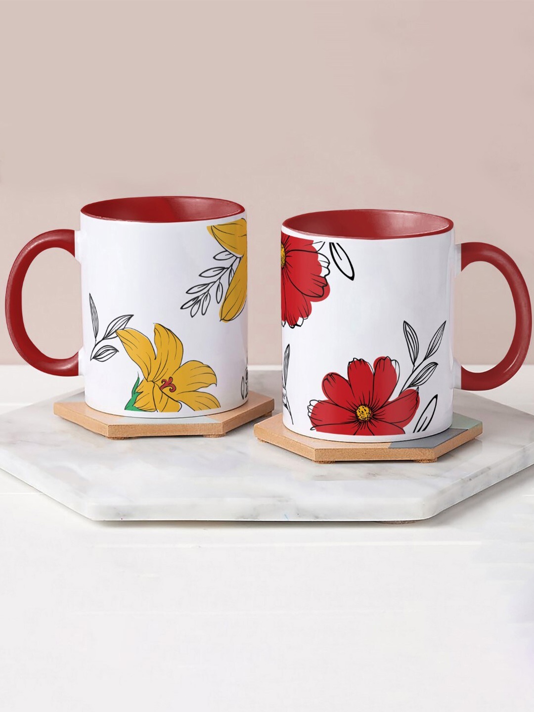 

Indigifts Yellow and Red Flower Printed Set Of 2 Ceramic Coffee Mugs, White