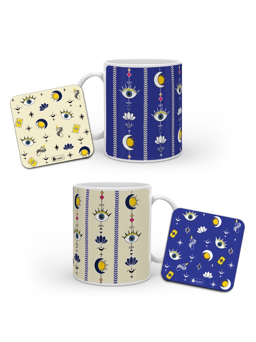 

Indigifts Evil Eye Printed Set of 2 Ceramic Coffee Mugs with a Pair of Coasters, Blue