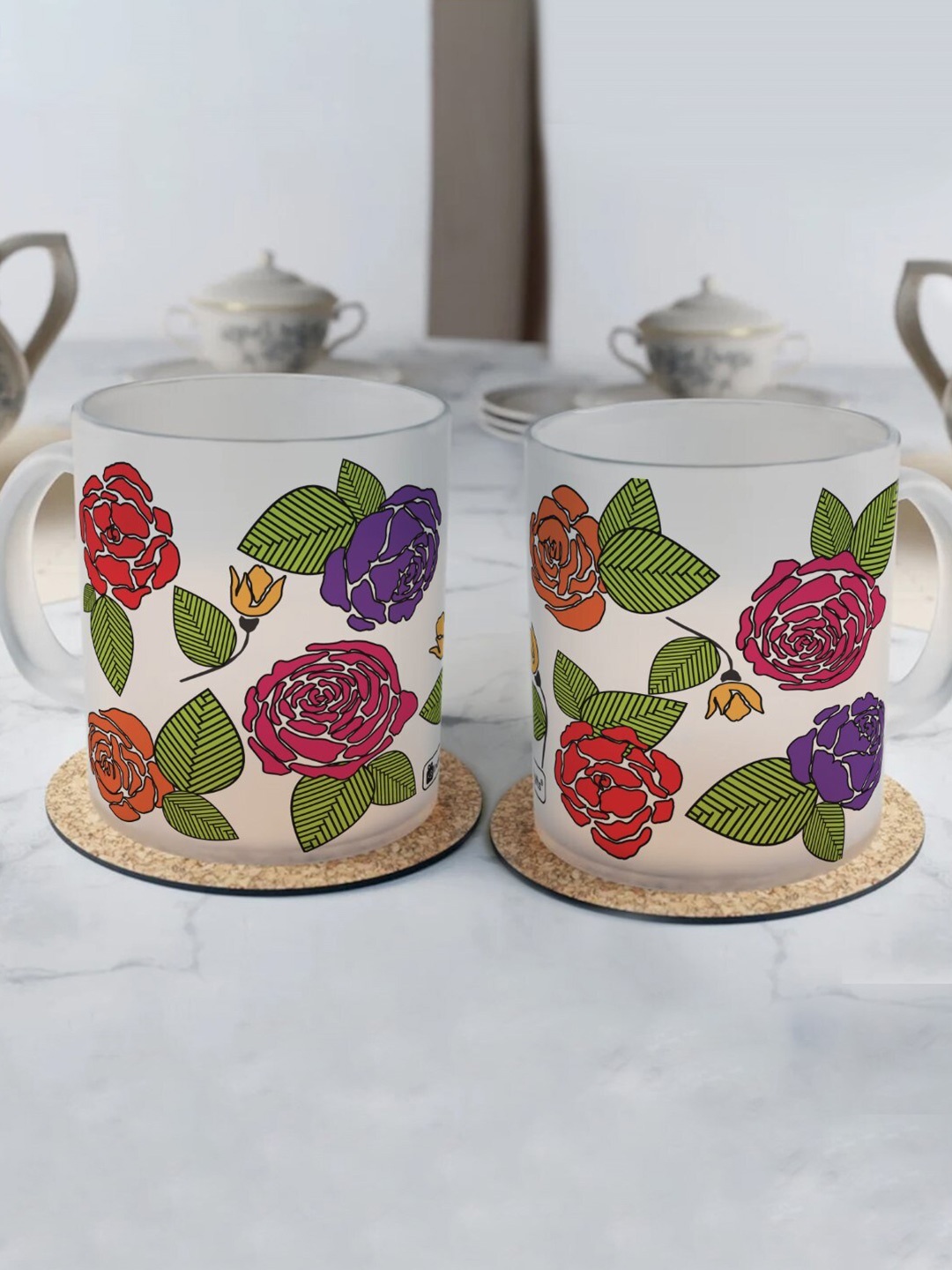 

Indigifts Floral Printed Set of 2 Frosted Coffee Mugs, White