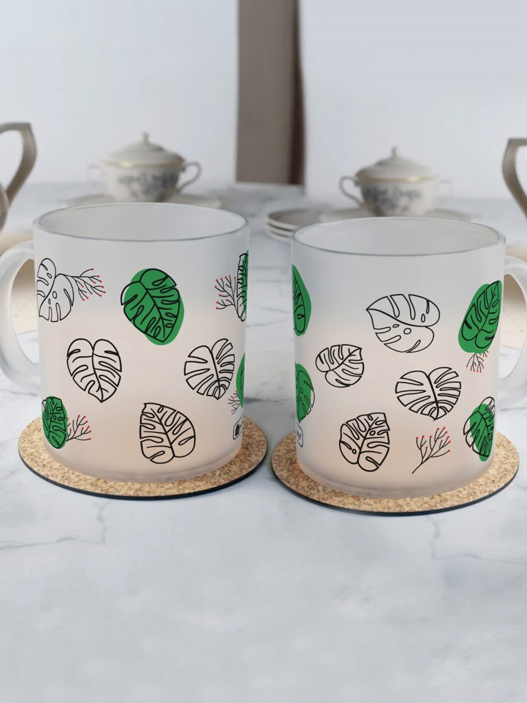 

Indigifts Set of 2 Palm Leaves Printed Frosted Coffee Mugs, Transparent