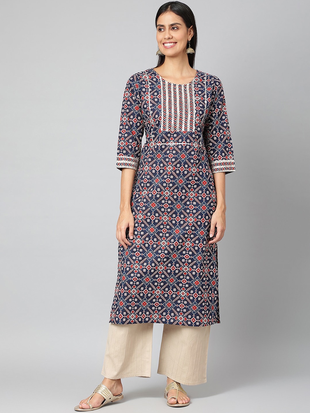 

JAIPUR ATTIRE Women Blue & Red Geometric Printed Kurta