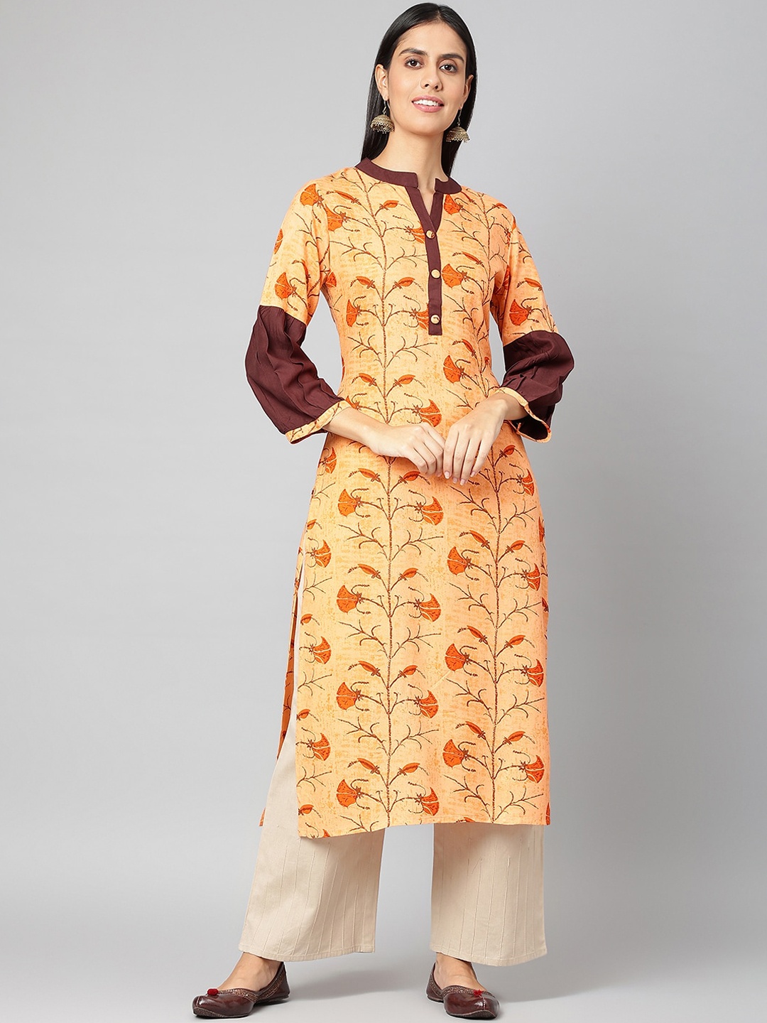 

JAIPUR ATTIRE Women Orange & Brown Geometric Printed Flared Sleeves Kurta