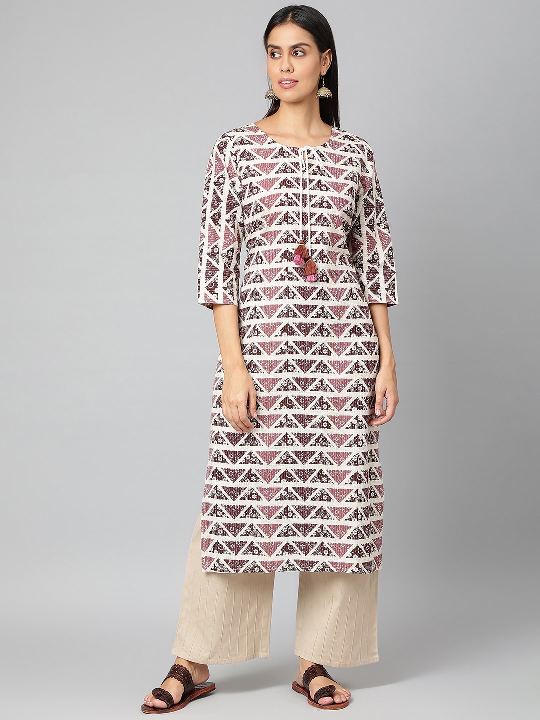 

JAIPUR ATTIRE Women White & Brown Cotton Geometric Printed & Thread Work Kurta