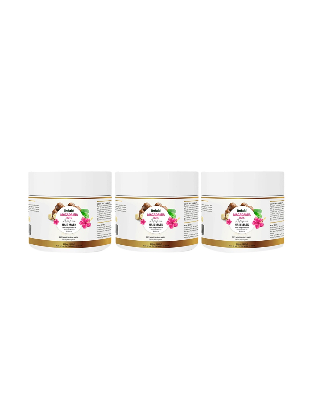INDALO Set Of 3 Macadamia Nut Oils & Hibiscus Anti-Frizz Hair Mask 600gm, White