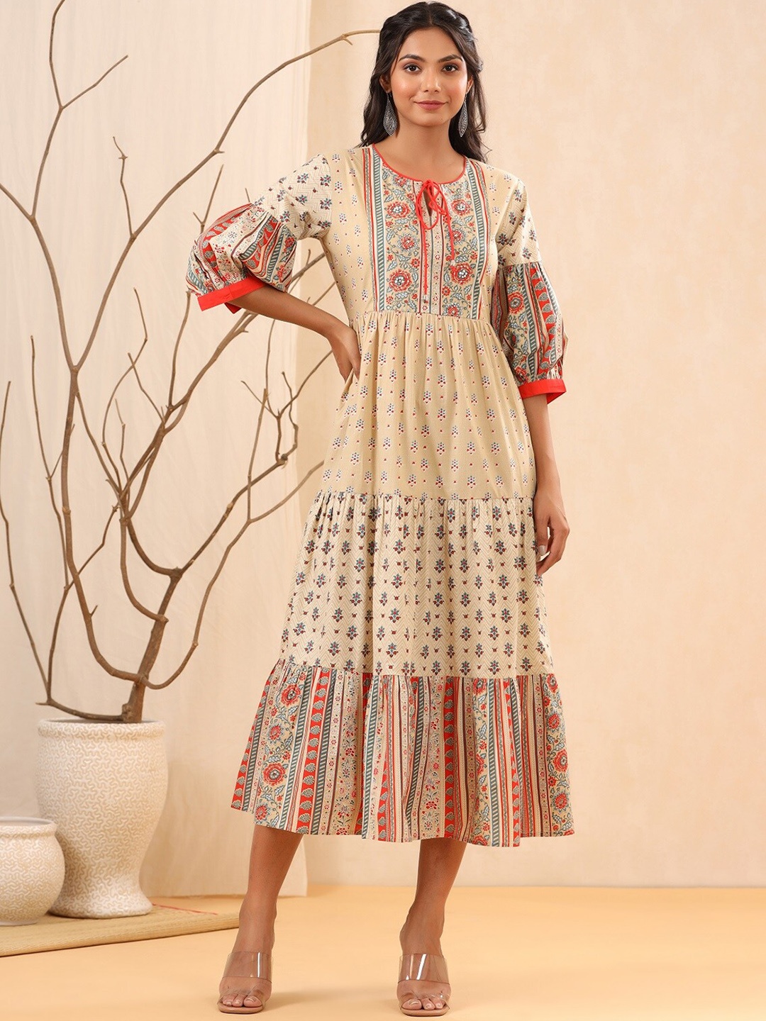 

Juniper Beige & Red Ethnic Motifs Midi Dress