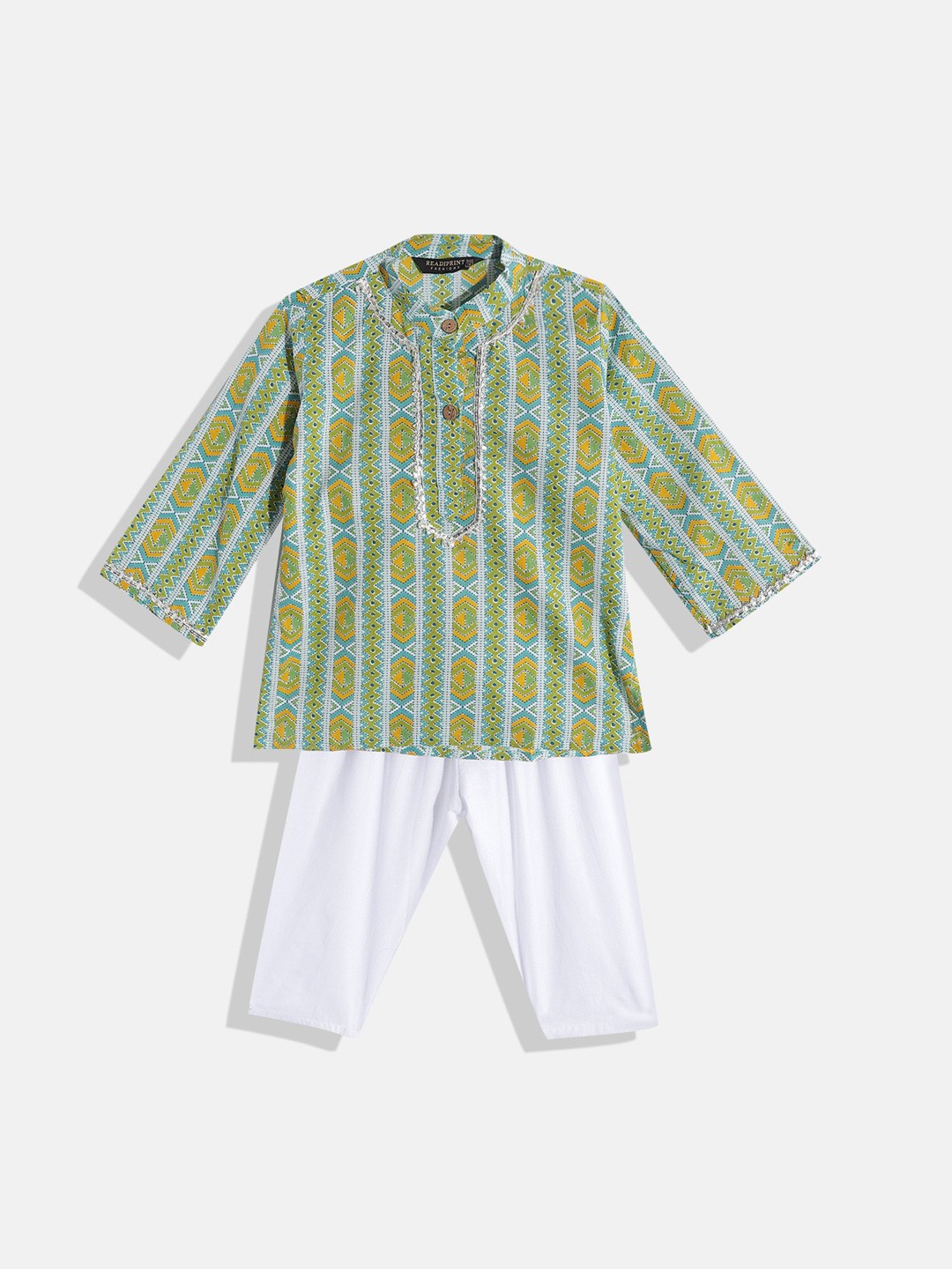 

Readiprint Fashions Boys Green & White Printed Gotta Patti Cotton Kurti with Pyjamas