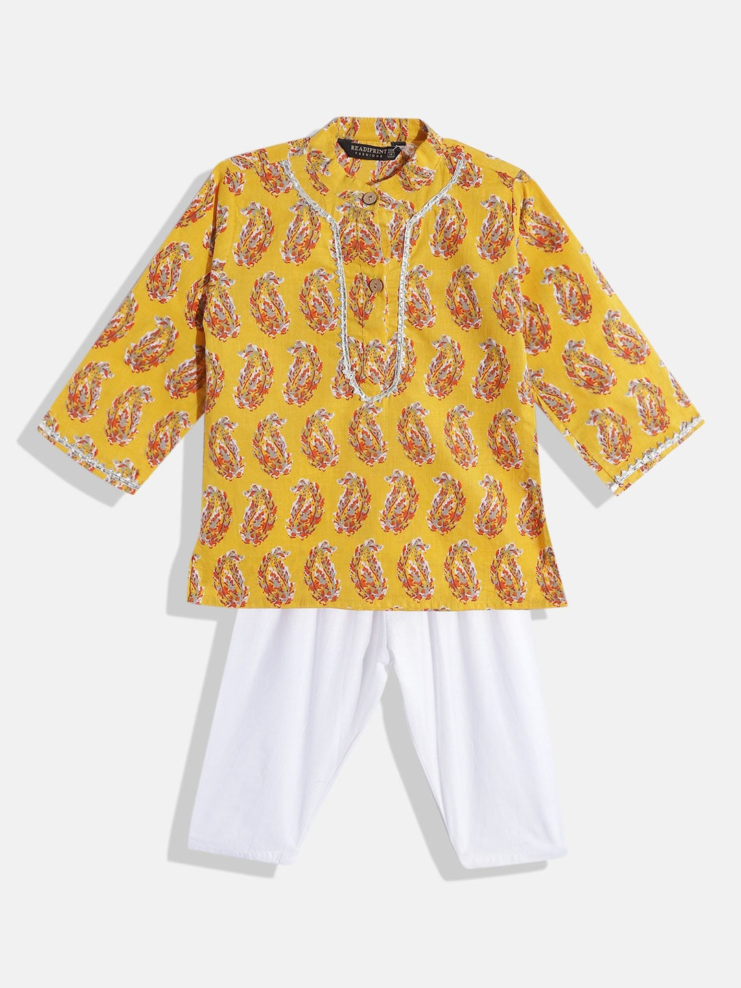 

Readiprint Fashions Boys Yellow & White Paisley Printed Gotta Patti Cotton Kurti with Pyjamas