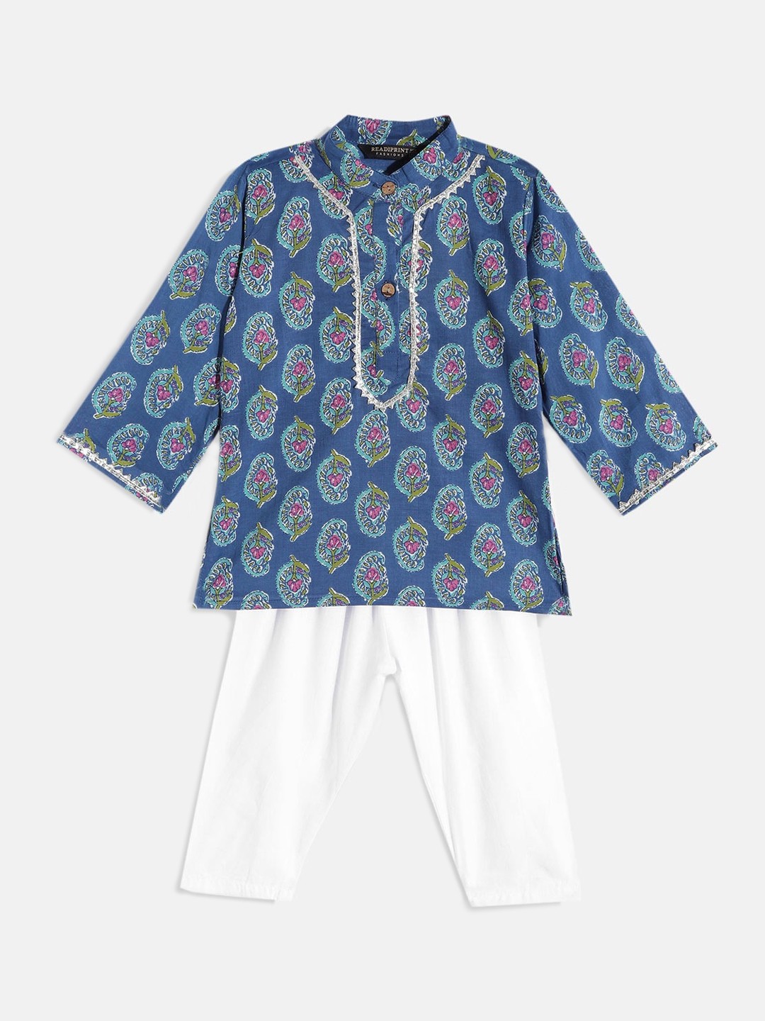 

Readiprint Fashions Boys Blue & White Ethnic Motifs Printed Gotta Patti Cotton Kurti with Pyjamas
