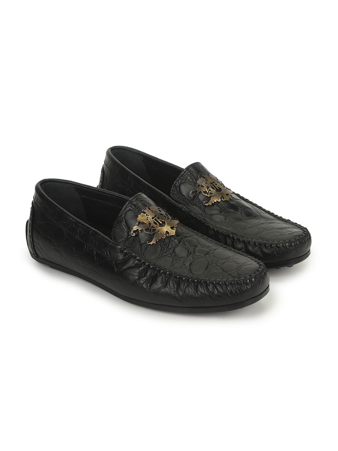 

JOHN RICHARDO Men Black Textured Leather Driving Shoes