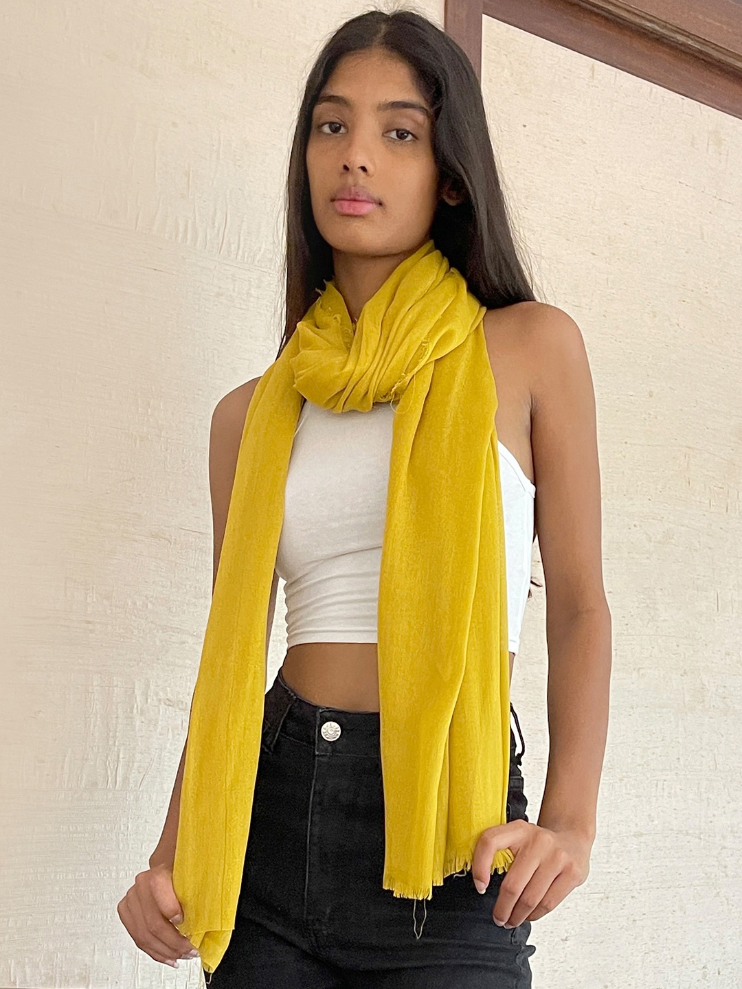 

Ayesha Women Yellow Solid Polyester Scarf