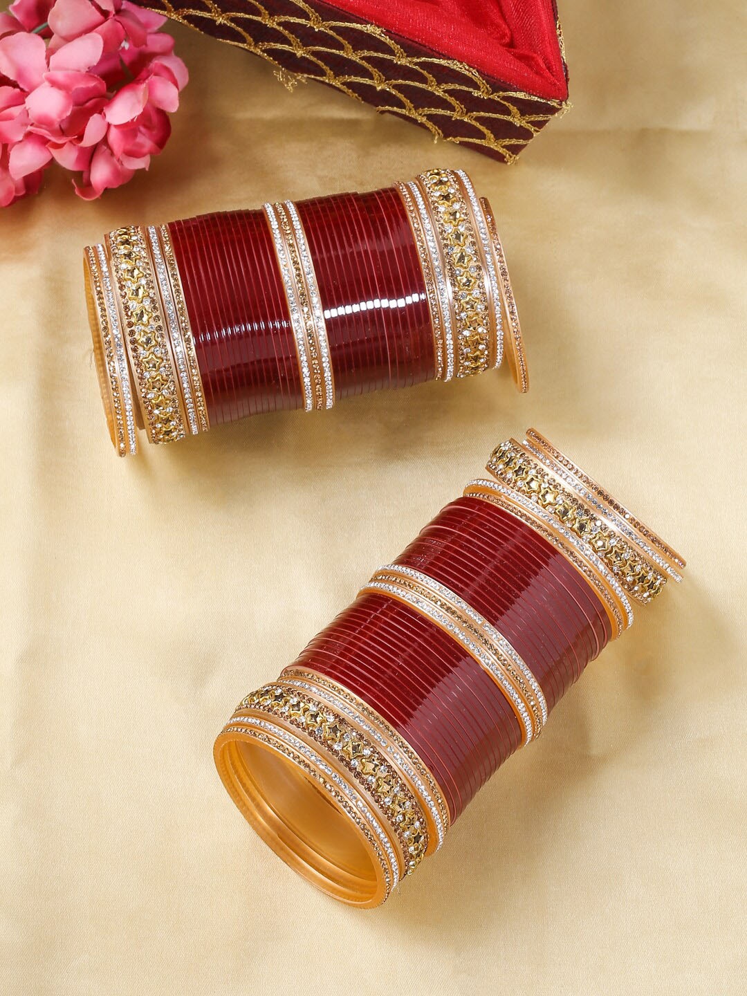 

VIRAASI Gold-Plated Maroon CZ-Stone Studded Chuda Bangle Set