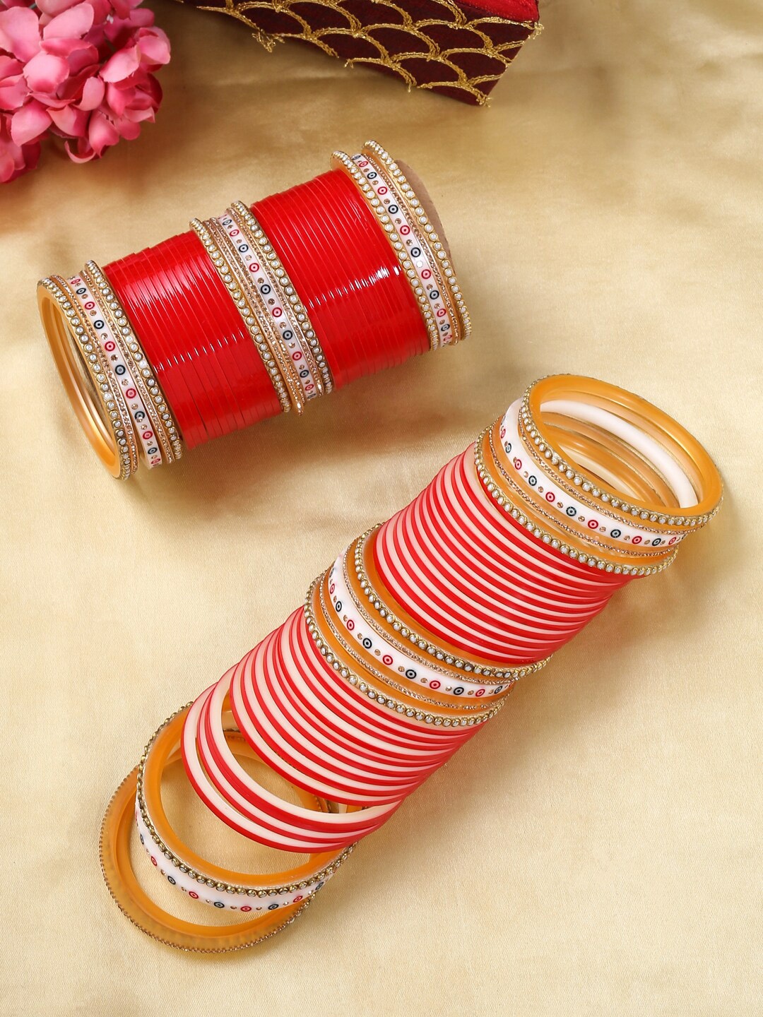 

VIRAASI Gold-Plated Red & White Stone Studded Bangle Set