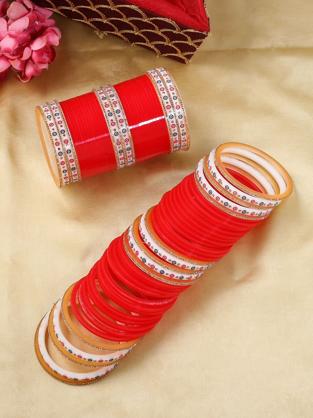 

VIRAASI Gold-Plated Red & White Stone-Studded Chuda Bangle Set