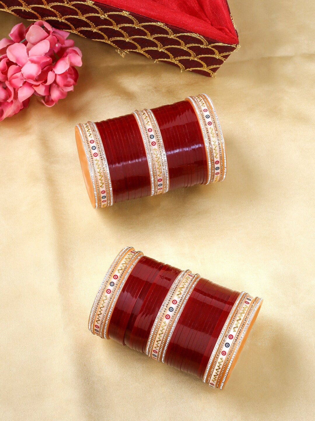 

VIRAASI Gold-Plated & Maroon Stone-Studded Chura Bangle Set