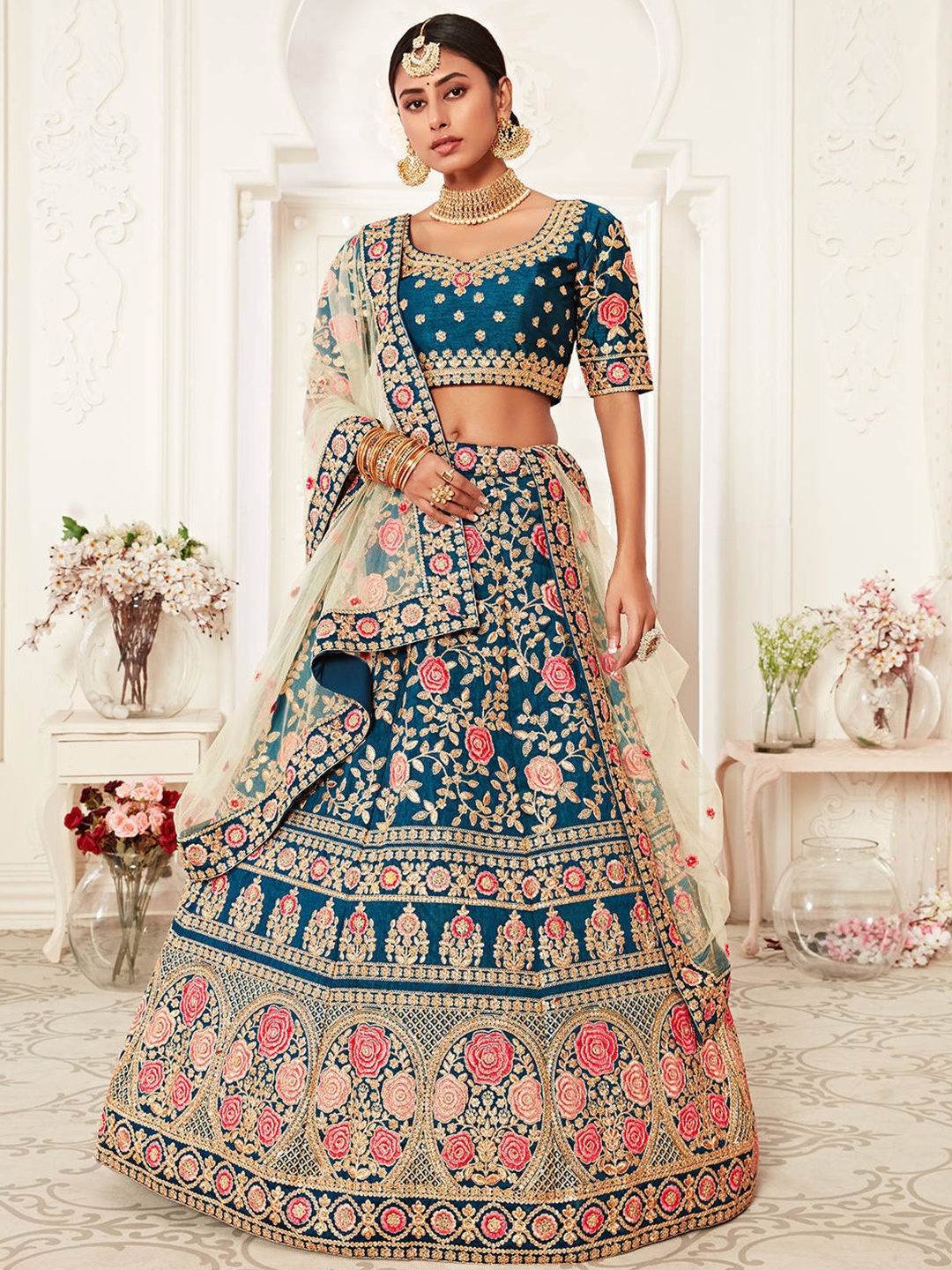 

FABPIXEL Blue & Pink Embroidered Semi-Stitched Lehenga & Unstitched Blouse With Dupatta