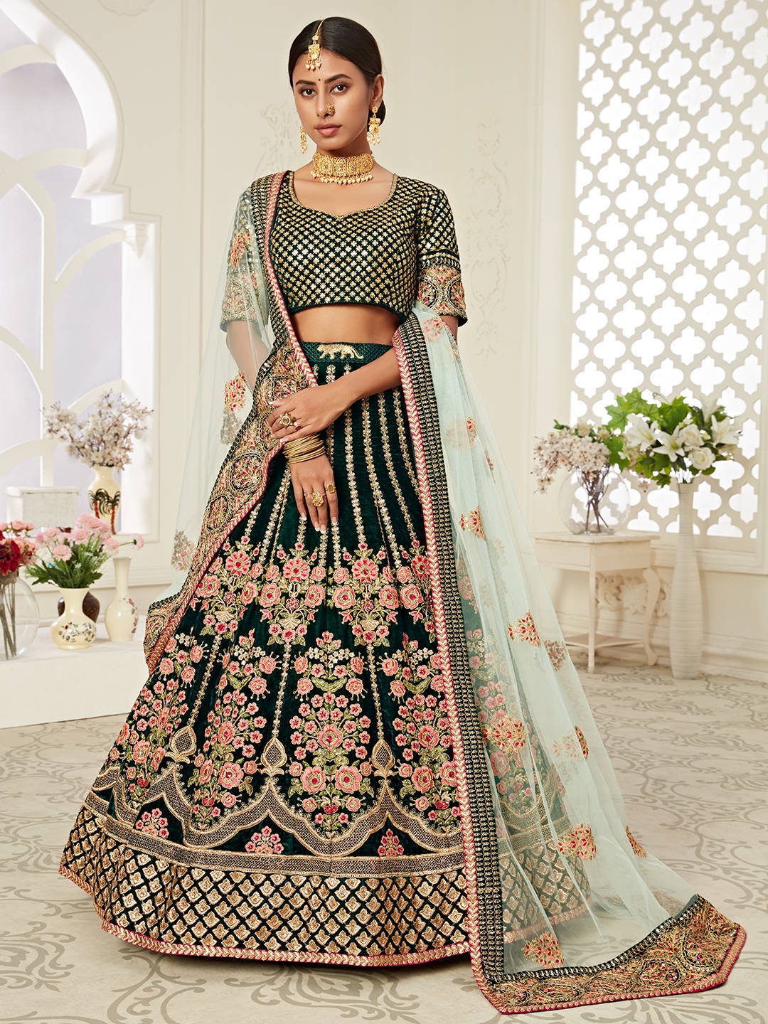 

FABPIXEL Green & Gold-Toned Embroidered Sequinned Semi-Stitched Lehenga & Unstitched Blouse With Dupatta