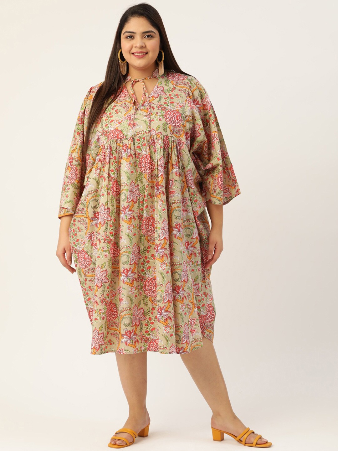 

theRebelinme Plus Size Women Beige & Green Floral Kaftan Midi Dress