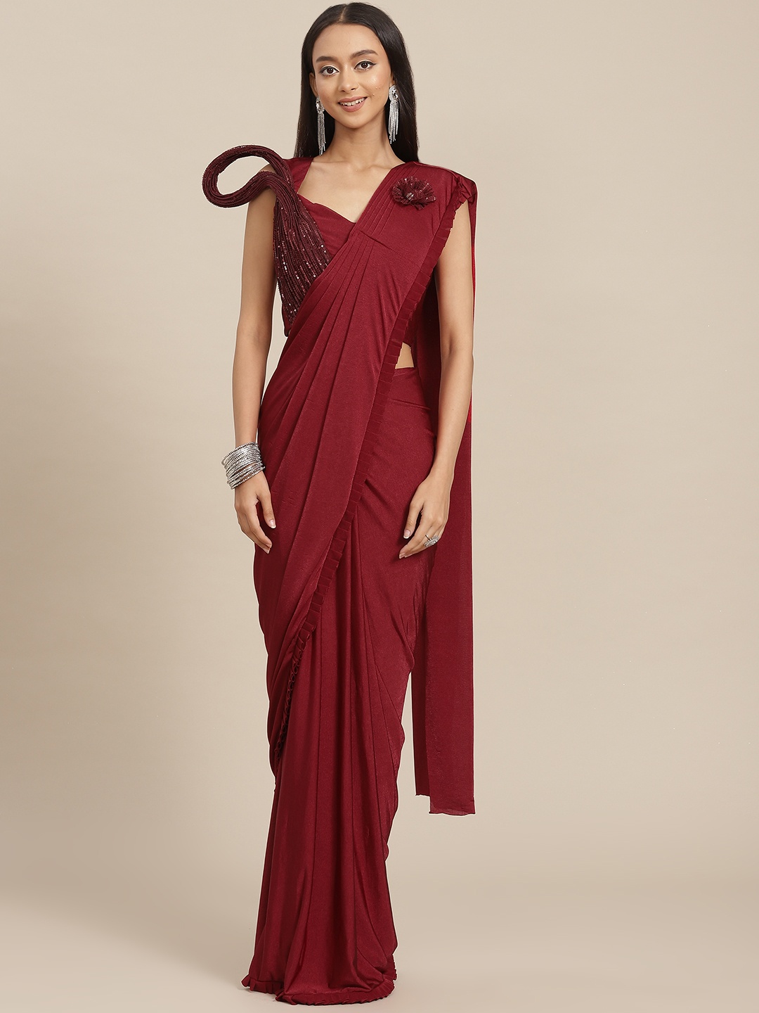 

SAARYA Maroon Sequinned Satin Ready to Wear Saree
