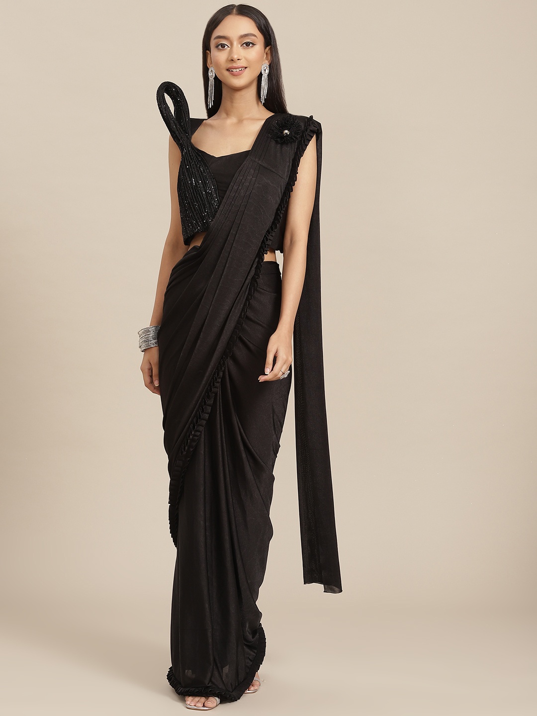 

SAARYA Black Embellished Sequinned Satin Ready to Wear Saree