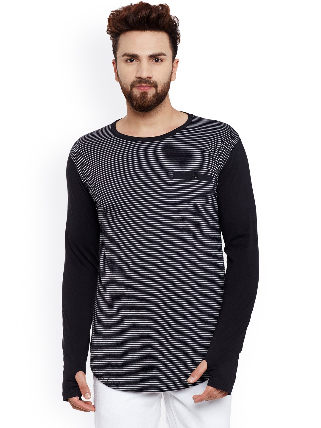 

Hypernation Men Black & White Striped Round Neck Slim Fit T-shirt