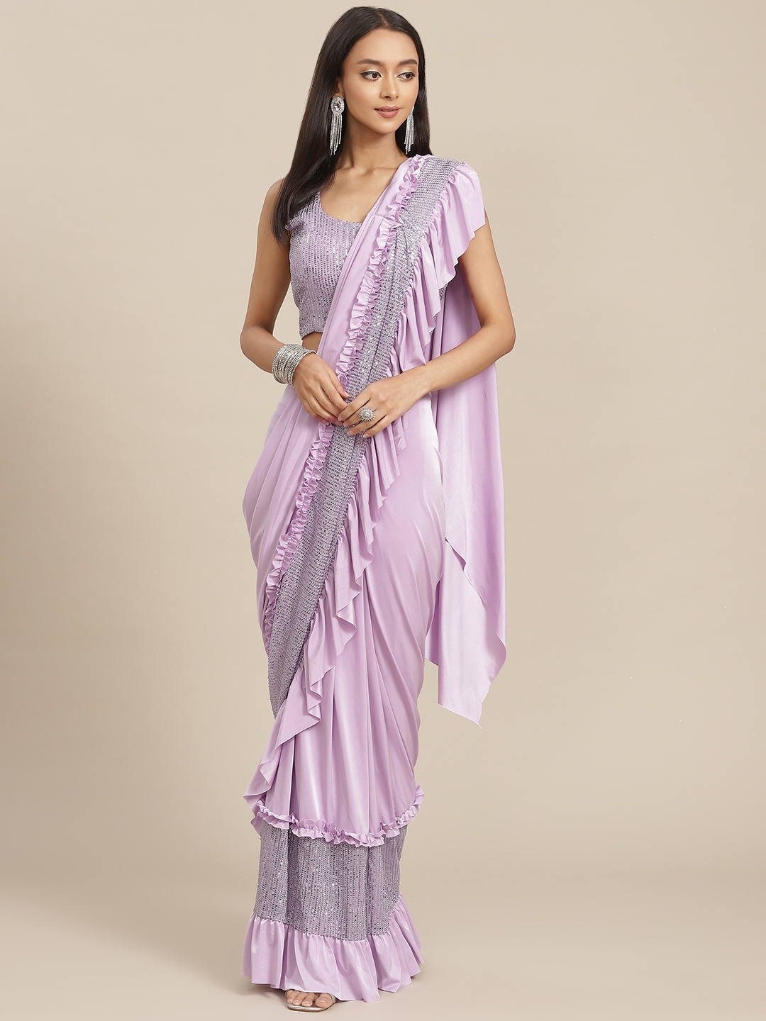 

SAARYA Lavender Embellished Sequinned Satin Ready to Wear Saree