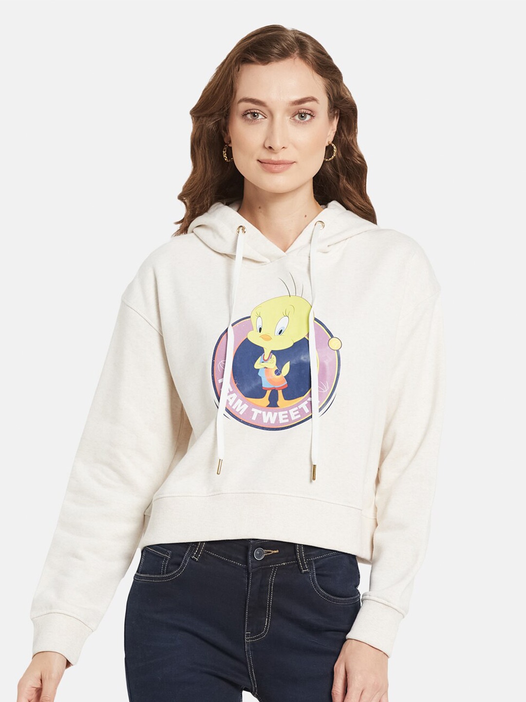 

METTLE Women White Printed Hooded Sweatshirt