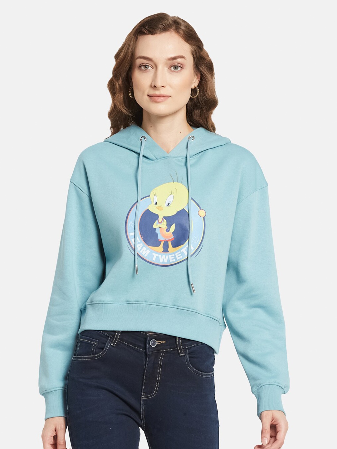 

METTLE Women Blue Printed Hooded Sweatshirt