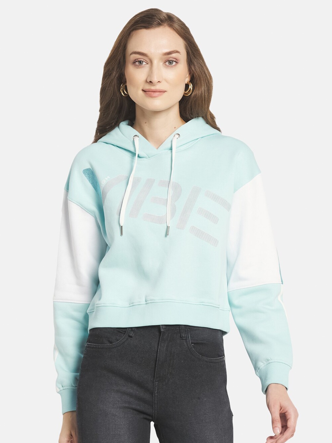 

METTLE Women Blue Printed Hooded Sweatshirt