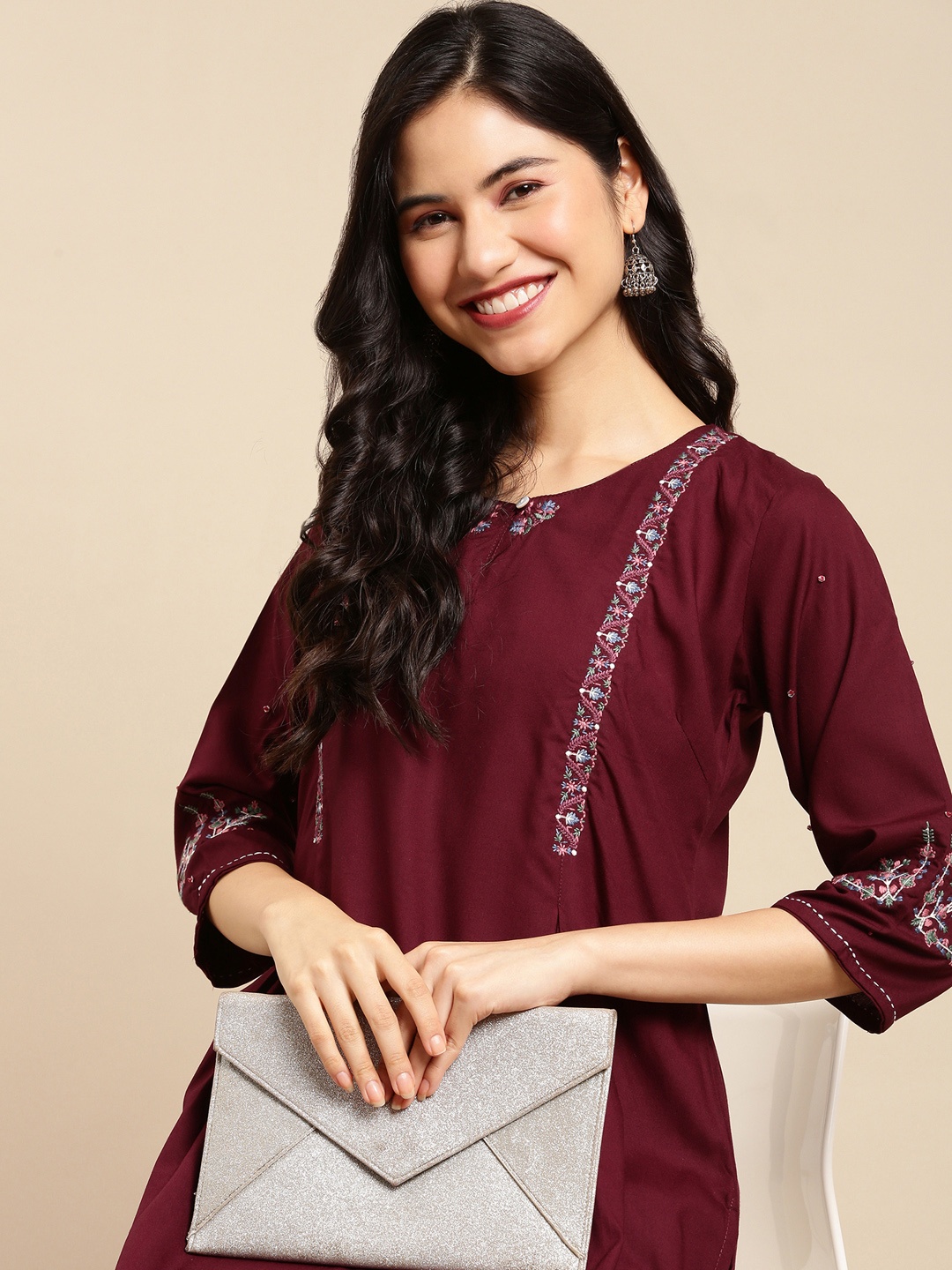 

SHOWOFF Women's Calf Length Magenta Solid Straight Kurta