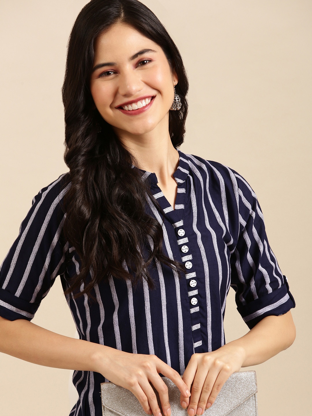 

SHOWOFF Women Navy Blue Striped Kurta