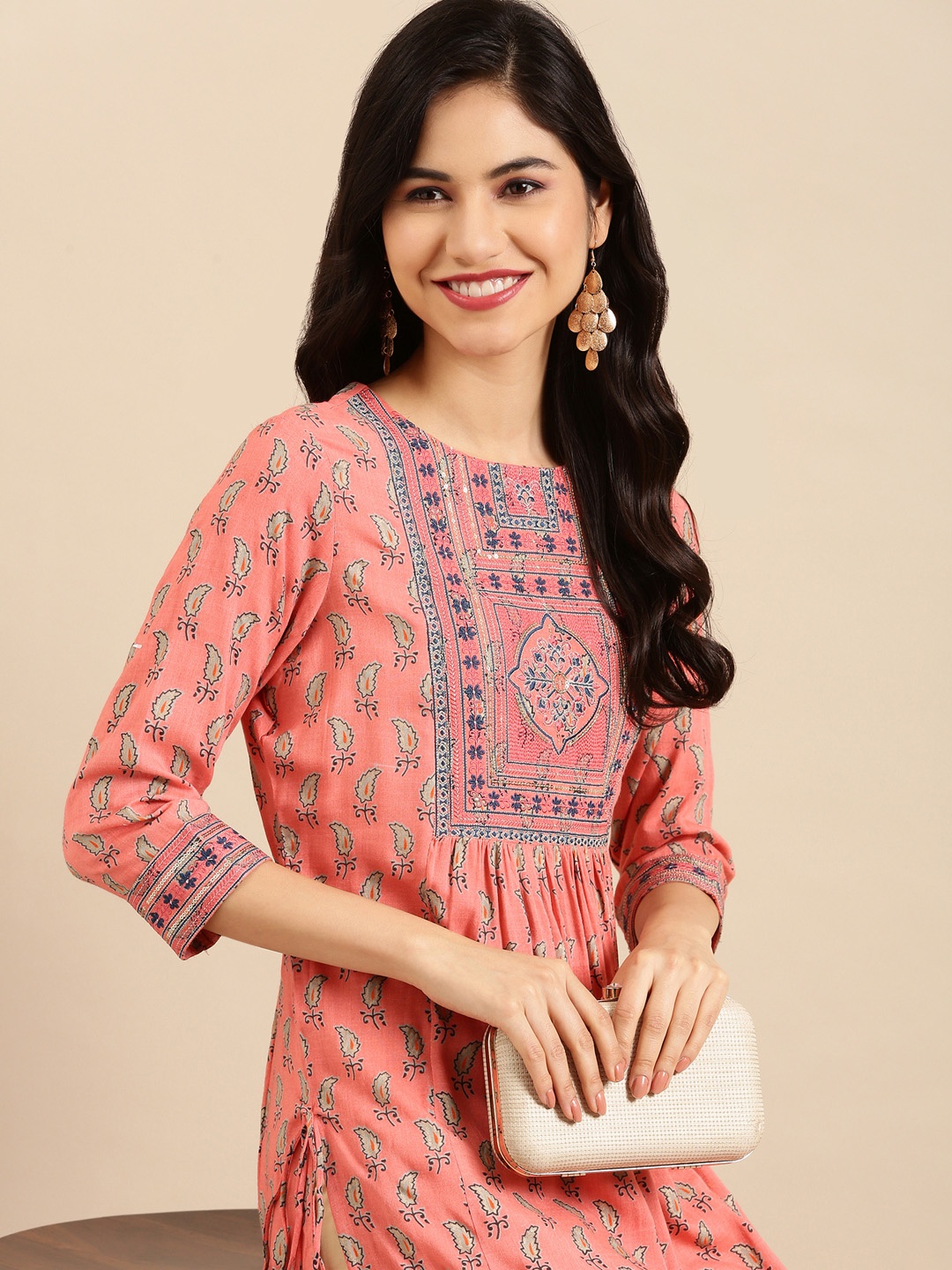 

SHOWOFF Women Peach-Coloured Ethnic Motifs Printed Cotton Kurta