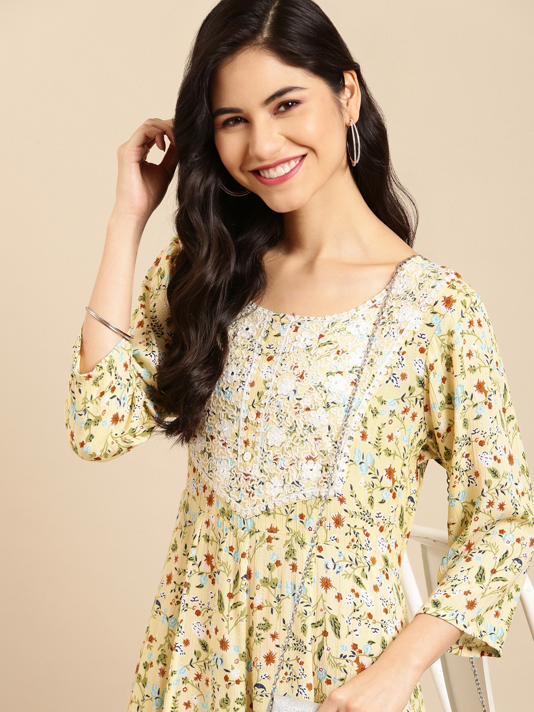 

SHOWOFF Women Yellow Floral Printed A-Line Kurta