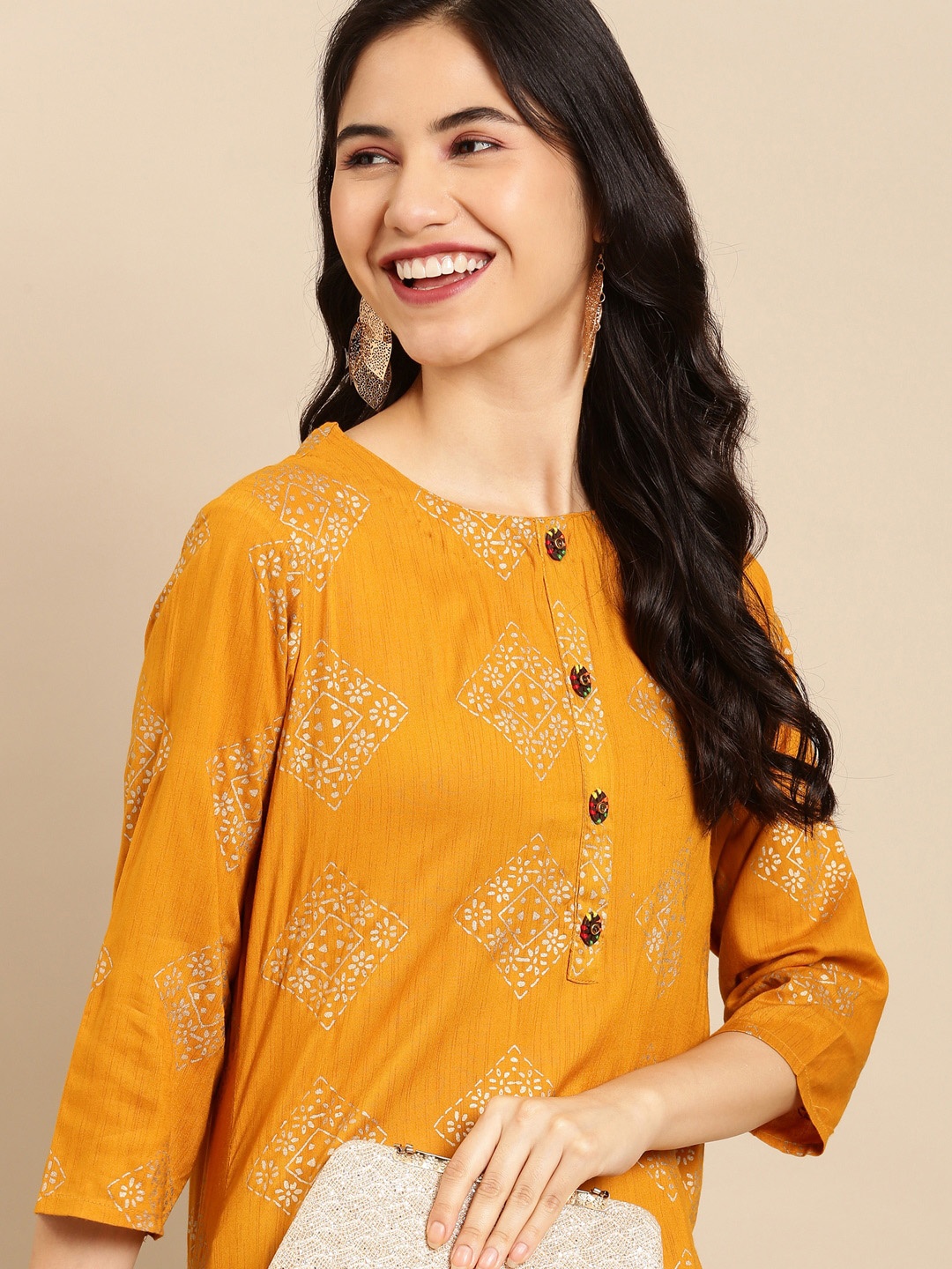 

SHOWOFF Women Mustard Yellow Ethnic Motifs Printed Mirror Work Kurta