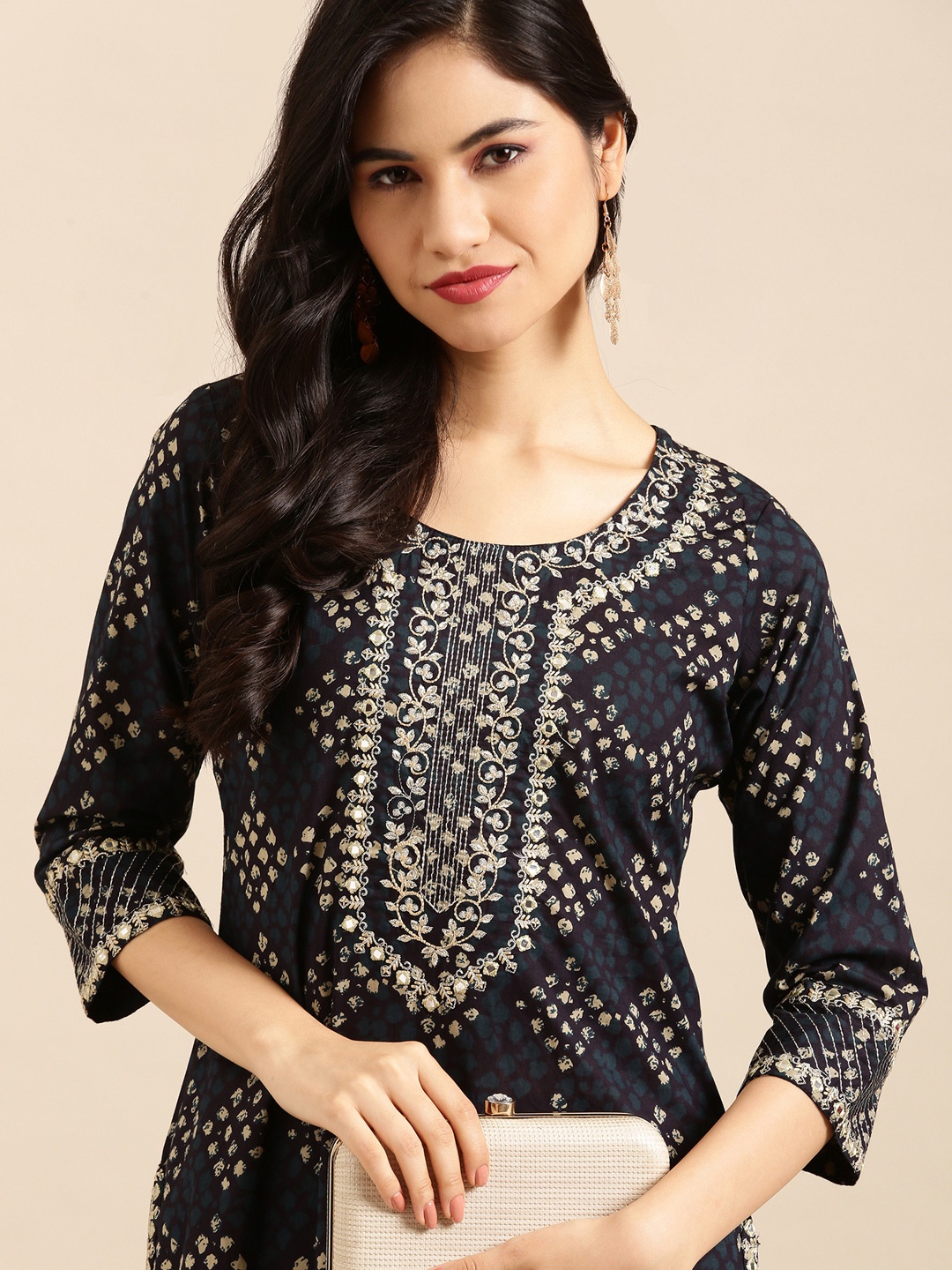 

SHOWOFF Women Navy Blue & Beige Ethnic Motifs Printed Thread Work Cotton Kurta