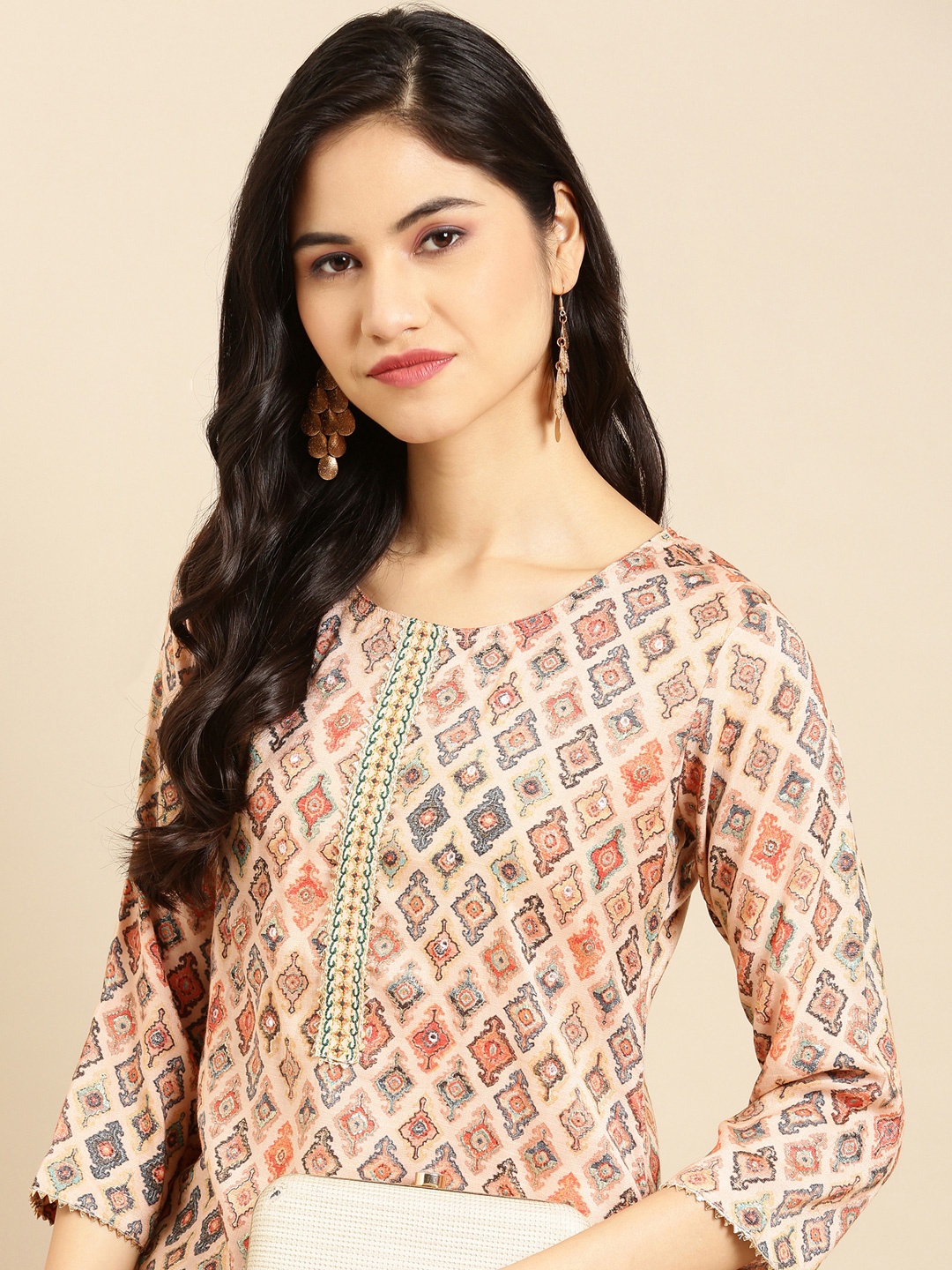 

SHOWOFF Women Peach-Coloured Ethnic Motifs Cotton Kurta