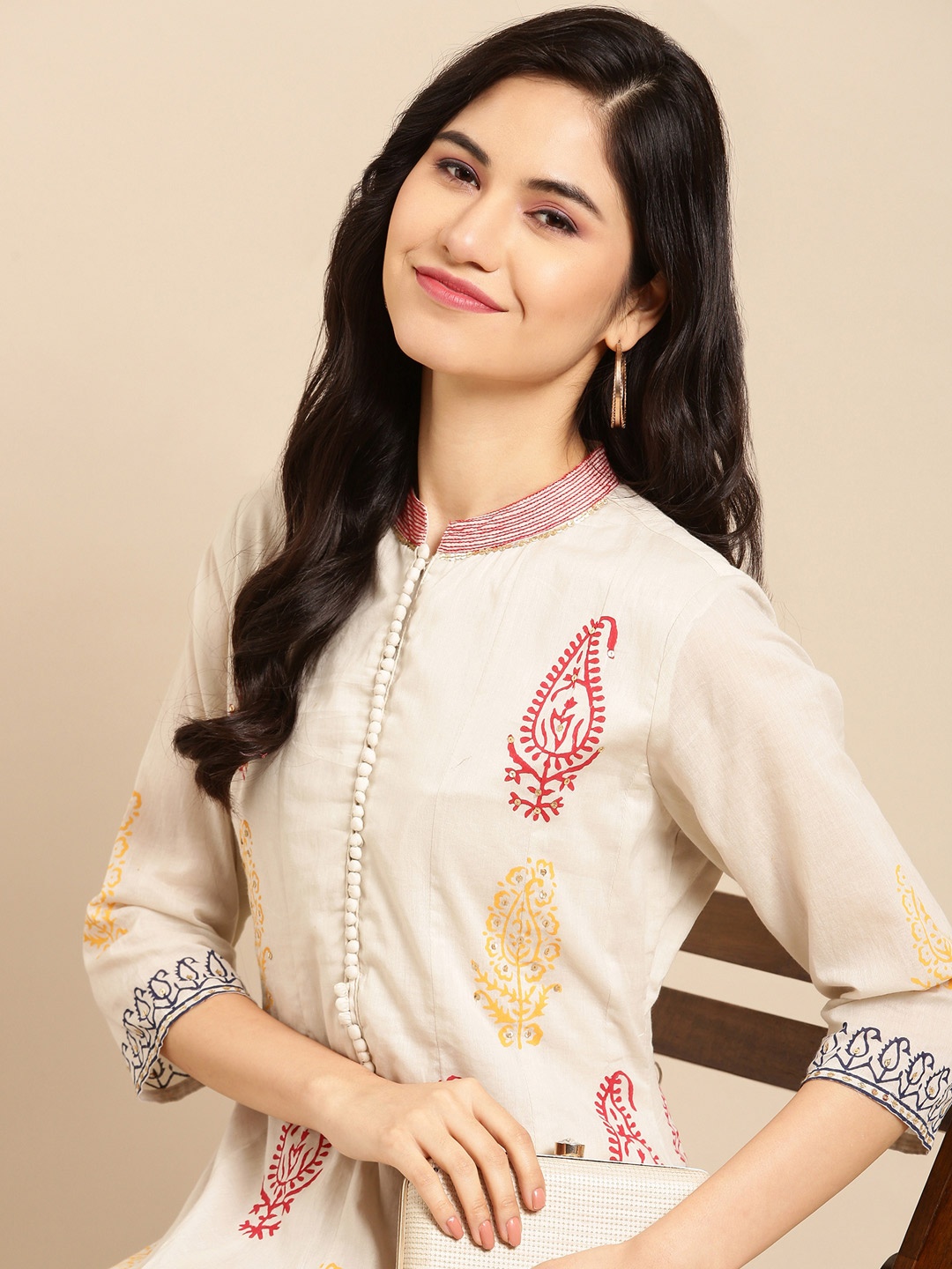 

SHOWOFF Women Cream-Coloured Ethnic Motifs Printed Anarkali Kurta