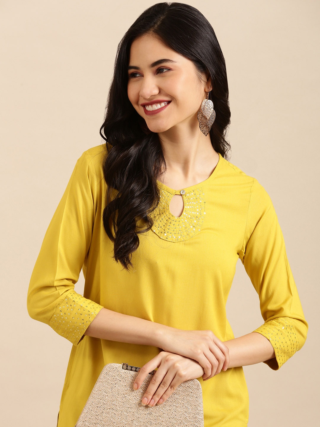 

SHOWOFF Women Yellow Embellished Keyhole Neck Cotton Kurta